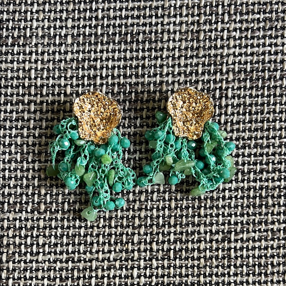 Artisanal Gold Turquoise Statement Earrings Beaded Fringe